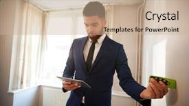  Presentation with valuation - PPT theme featuring valuation - male realtor with digital tablet background and a coral colored foreground