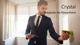  Presentation with realtor - Slide set consisting of valuation - male realtor with digital tablet background and a coral colored foreground