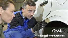  Presentation with auto insurance - Audience pleasing slides consisting of valuation - mechanician with insurance adjuster checking backdrop and a tawny brown colored foreground