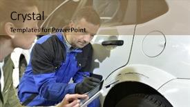  Presentation with auto insurance - Audience pleasing slide set consisting of valuation - mechanician with insurance adjuster checking backdrop and a coral colored foreground