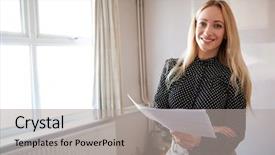  Presentation with valuation - Theme with valuation - portrait of female realtor looking background and a light gray colored foreground