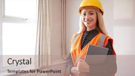  Presentation with valuation - Cool new PPT theme with valuation - portrait of female surveyor backdrop and a coral colored foreground