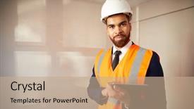  Presentation with valuation - Cool new PPT layouts with valuation - portrait of surveyor in hard backdrop and a coral colored foreground