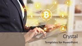  Presentation with bitcoin network - Presentation theme having international payments - business woman using tablet background and a coral colored foreground