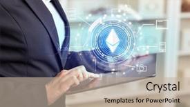  Presentation with bitcoin network - Slide deck featuring exchange goods - business woman using tablet background and a mint green colored foreground