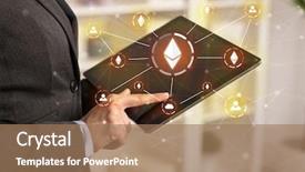  Presentation with bitcoin network - Beautiful PPT theme featuring international payments - business woman using tablet backdrop and a  colored foreground