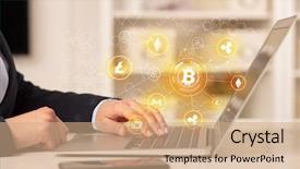  Presentation with bitcoin network - PPT theme with buying electricity - business woman working on tablet background and a  colored foreground