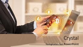  Presentation with bitcoin network - Slide deck having international payments - business woman working on tablet background and a coral colored foreground