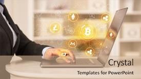  Presentation with bitcoin network - Slides featuring international payments - business woman working on tablet background and a coral colored foreground