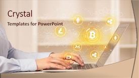  Presentation with bitcoin network - Beautiful slides featuring international payments - business woman working on tablet backdrop and a lemonade colored foreground