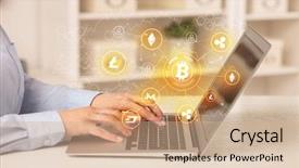  Presentation with bitcoin network - Slides consisting of international payments - business woman working on tablet background and a  colored foreground