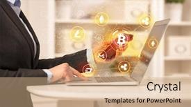  Presentation with bitcoin network - PPT layouts having international payments - business woman working on tablet background and a coral colored foreground