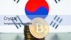  Presentation with korea flag - Colorful slide set enhanced with golden bitcoins and south korea backdrop and a light blue colored foreground