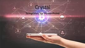  Presentation with bitcoin network - Presentation design with international payments - hand using phone with cryptocurrency background and a violet colored foreground