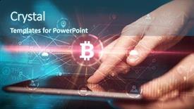  Presentation with bitcoin network - Presentation theme enhanced with international payments - hand using tablet with cryptocurrency background and a  colored foreground