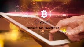  Presentation with bitcoin network - PPT layouts enhanced with international payments - hand using tablet with cryptocurrency background and a red colored foreground