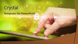  Presentation with bitcoin network - Theme enhanced with international payments - hand using tablet with cryptocurrency background and a yellow colored foreground