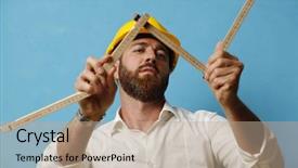  Presentation with construction work - PPT layouts having value engineering - portrait of man at construction background and a coral colored foreground