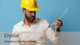  Presentation with construction work - PPT theme with value engineering - portrait of man at construction background and a mint green colored foreground