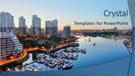  Presentation with apartment buildings - Beautiful slide deck featuring vancouver harbor view with urban apartment buildings and bay boat in canada backdrop and a light blue colored foreground
