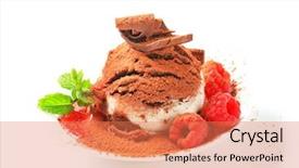  Presentation with chocolate ice cream - Slide deck featuring vanilla chocolate ice cream and raspberries sprinkled with cocoa powder background and a coral colored foreground