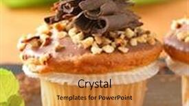 Presentation with chocolate nuts - Audience pleasing PPT layouts consisting of vanilla muffin with chocolate flakes and nuts backdrop and a gold colored foreground