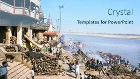  Presentation with ghat - Presentation theme with varanasi-india-13-february-manikarnika background and a light blue colored foreground