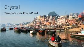  Presentation with ghat - Presentation design enhanced with varanasi-india-14-february-main background and a light blue colored foreground