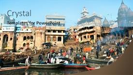  Presentation with ghat - Audience pleasing presentation design consisting of varanasi-india-14-february-manikarnika backdrop and a light blue colored foreground