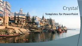  Presentation with india ganges - Presentation theme featuring varanasi-india-14-february-manikarnika background and a light blue colored foreground