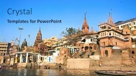  Presentation with ghat - Slides consisting of varanasi-india-14-february-manikarnika background and a light blue colored foreground