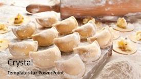  Presentation with onion - Theme with vareniki dumplings with potatoes and onion uncooked on the wooden desk background and a coral colored foreground