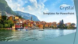  Presentation with green lake - Audience pleasing slide deck consisting of varenna-italy-picturesque-town backdrop and a light blue colored foreground