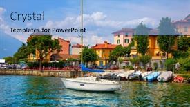  Presentation with green lake - Presentation design enhanced with varenna-italy-picturesque-town background and a light blue colored foreground