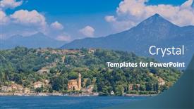  Presentation with panoramic - Slides consisting of varenna-town-panoramic-view-lake background and a teal colored foreground