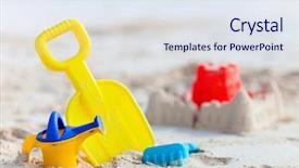  Presentation with beach toys on sand - Amazing slide set having variety of colorful beach toys backdrop and a sky blue colored foreground