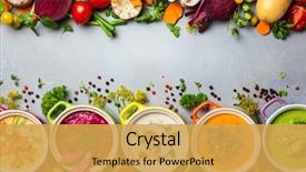 Presentation with healthy soup - Presentation with variety of colorful vegetables cream background and a yellow colored foreground