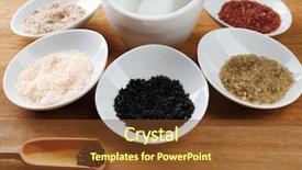  Presentation with table salt - Slides consisting of variety of different sea salt in bowls on wooden table close up background and a tawny brown colored foreground