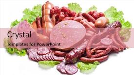  Presentation with cure meat - Audience pleasing PPT layouts consisting of variety of dry cured sausage backdrop and a coral colored foreground