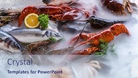  Presentation with seafood - PPT theme having variety-of-fresh-luxury-seafood background and a lemonade colored foreground
