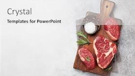  Presentation with steaks - Colorful presentation design enhanced with variety-of-fresh-raw-beef backdrop and a white colored foreground