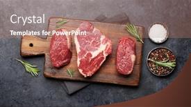  Presentation with steaks - Presentation design featuring variety-of-fresh-raw-beef background and a coral colored foreground