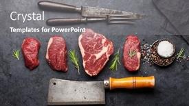  Presentation with steaks - Slide set featuring variety-of-fresh-raw-beef background and a gray colored foreground