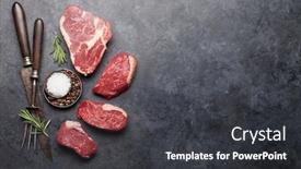  Presentation with steaks - PPT theme featuring variety-of-fresh-raw-beef background and a dark gray colored foreground