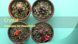  Presentation with tea variety - Presentation design consisting of variety of green tea in wooden bowls on blue table top view background and a tawny brown colored foreground