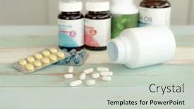  Presentation with pill bottle - PPT theme having chemical spill - variety of medicine spilling background and a light gray colored foreground