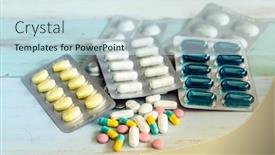  Presentation with pill bottle - PPT theme consisting of variety-of-medicine-spilling background and a sky blue colored foreground