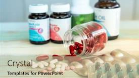  Presentation with pill bottle - Beautiful PPT layouts featuring variety-of-medicine-spilling backdrop and a soft green colored foreground