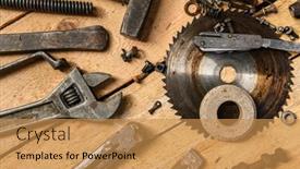  Presentation with hand tools - Amazing PPT layouts having variety-of-old-vintage-household backdrop and a gold colored foreground