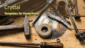  Presentation with hand tools - Theme consisting of variety-of-old-vintage-household background and a tawny brown colored foreground